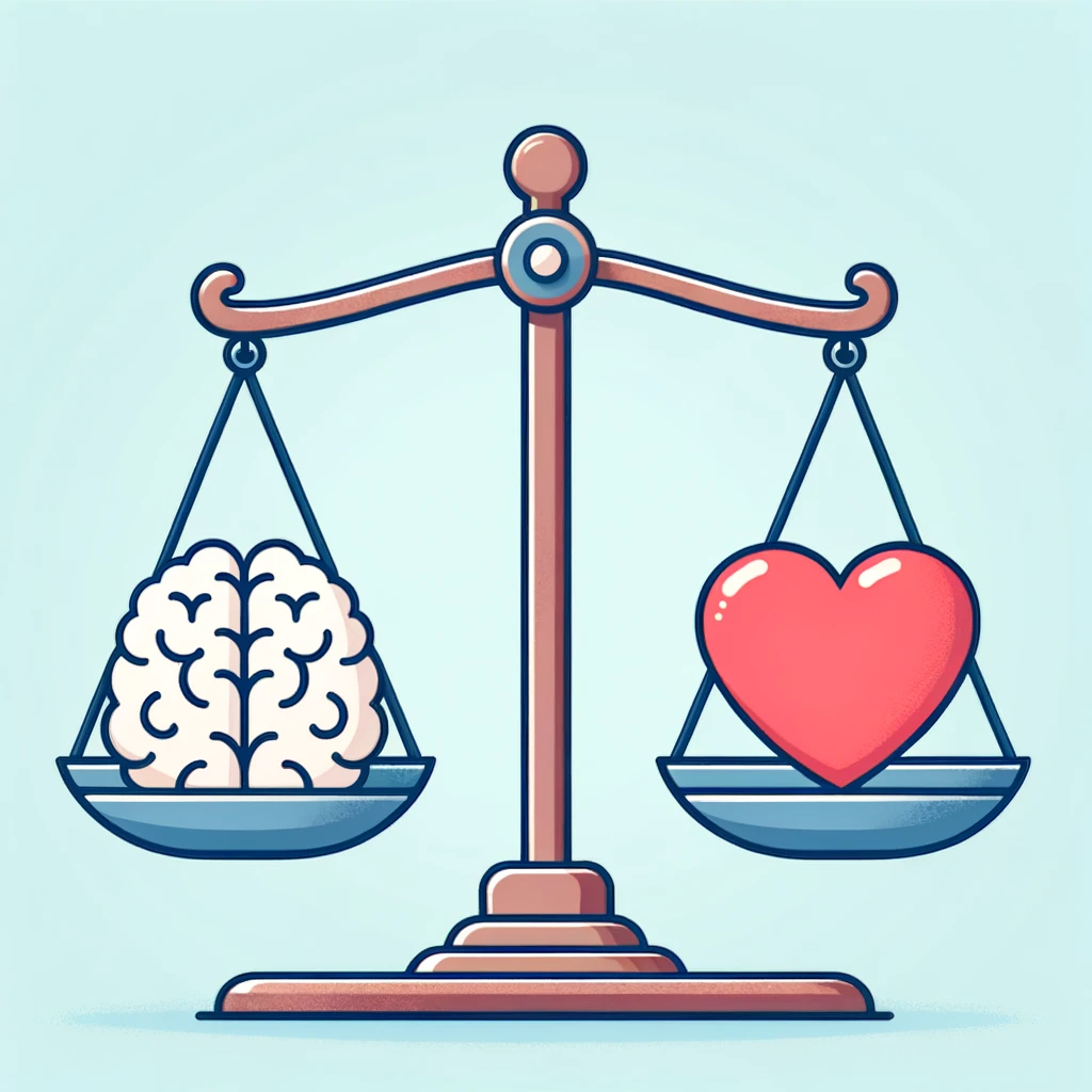 Image symbolizing the importance of mental health coverage, depicting a balance scale with one side holding a brain and the other side holding a heart