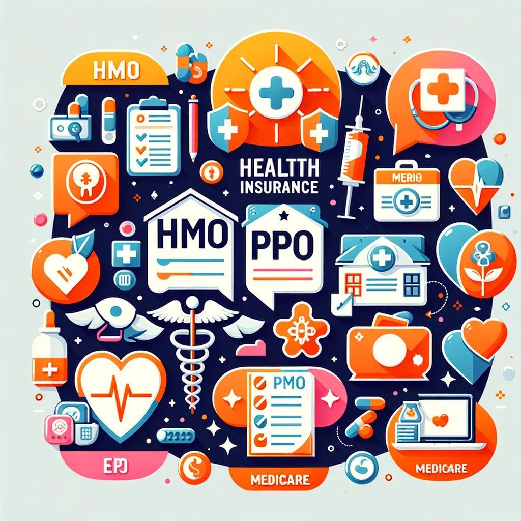 Image depicting different types of health insurance plans, illustrated with icons or symbols representing HMO, PPO, EPO, Medicare, and Medi-Cal,