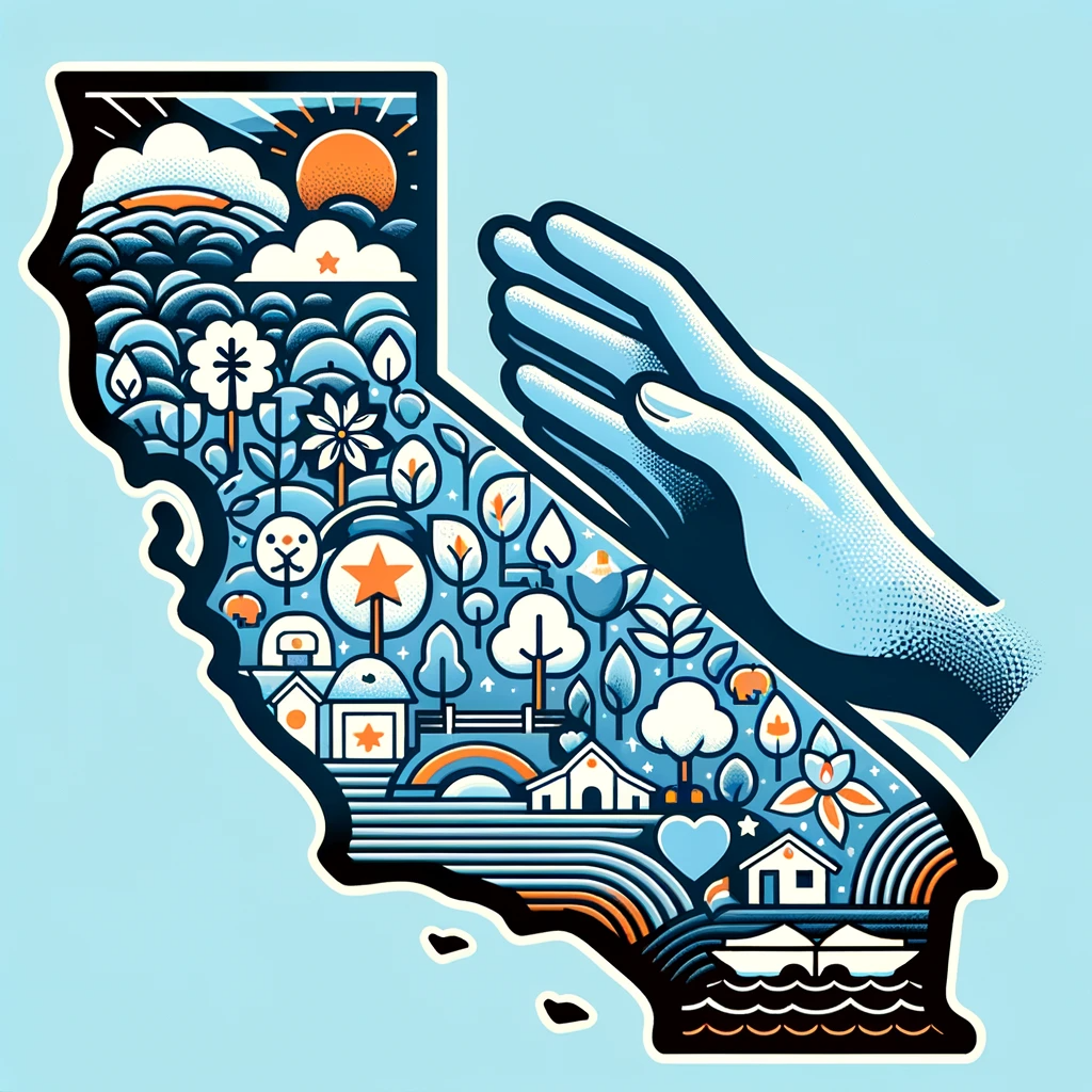 Image visualizing mental health coverage in California, featuring iconic symbols of California intertwined with mental health imagery, like a calming 