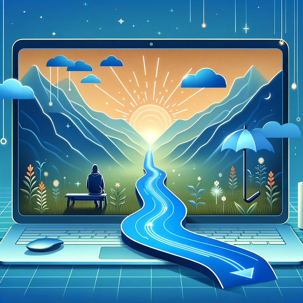 Image representing the process of setting up virtual therapy, with a visual metaphor such as a path leading to a digital screen, symbolizing the journey
