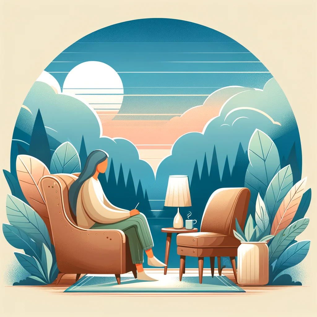 Image showing a serene and supportive mental health therapy session, depicting elements like a comfortable chair, calming colors, and a peaceful environment