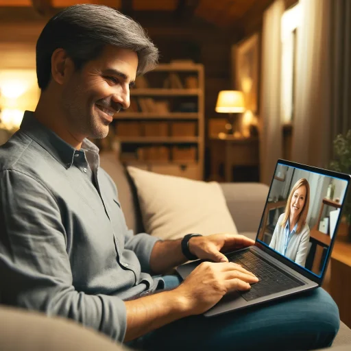 The Rise of Virtual Therapy for Aetna members in California A person using a laptop at home, depicting a relaxed setting for a virtual therapy session